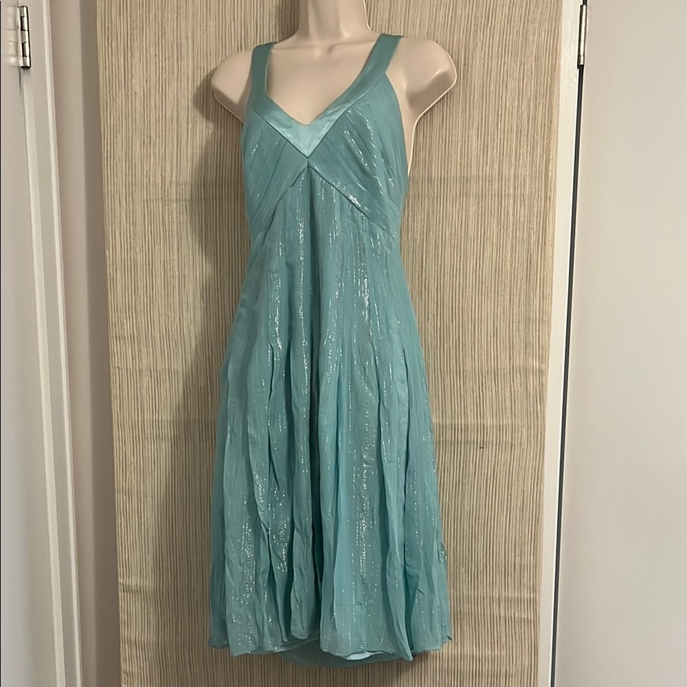 Kay Unger blue Green Pleated Tiered Midi Dress size 4